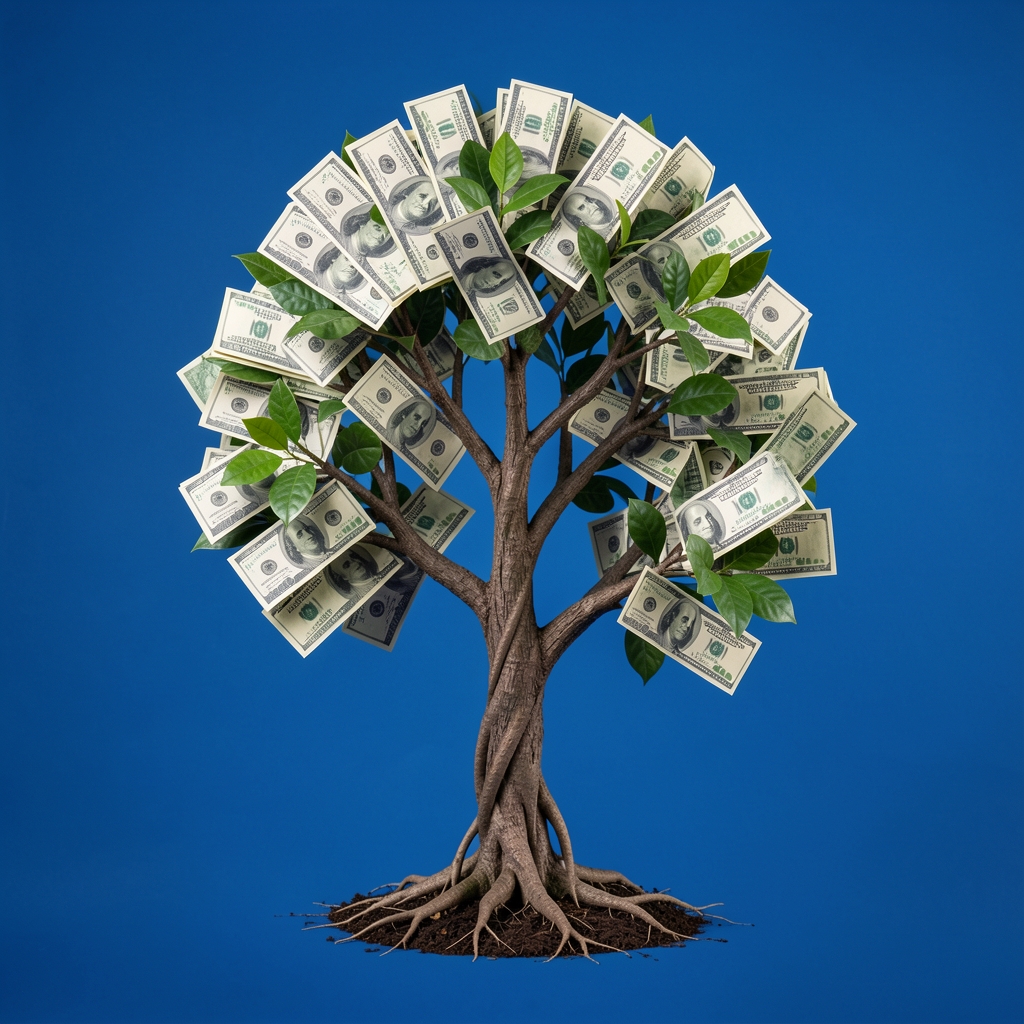 Оформление подкаста Planet Money от NPR с иллюстрацией денежного дерева на синем фоне